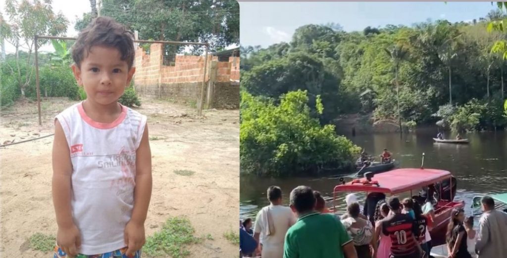 Momento em que criança é retirada da água após naufrágio de canoa em Iranduba