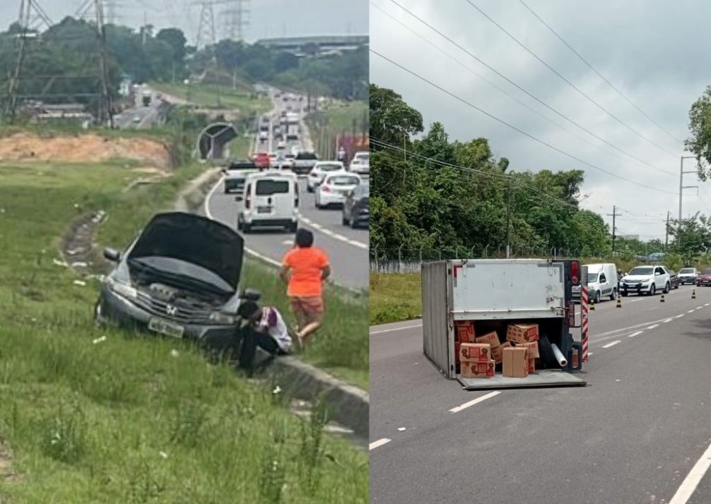 Carro acidentado no canteiro central da Avenida das Torres, em Manaus