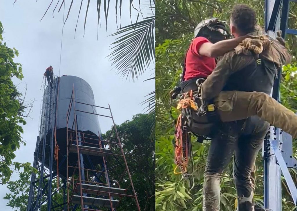 Bombeiros do CBMAM resgatando homens presos em caixa d’água no bairro Tarumã-Açu, Manaus