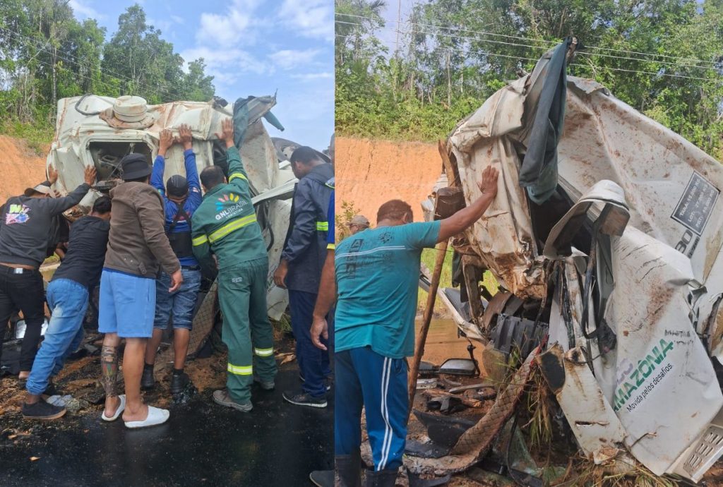 Caminhão-tanque capotado com cabine destruída na rodovia AM-010
