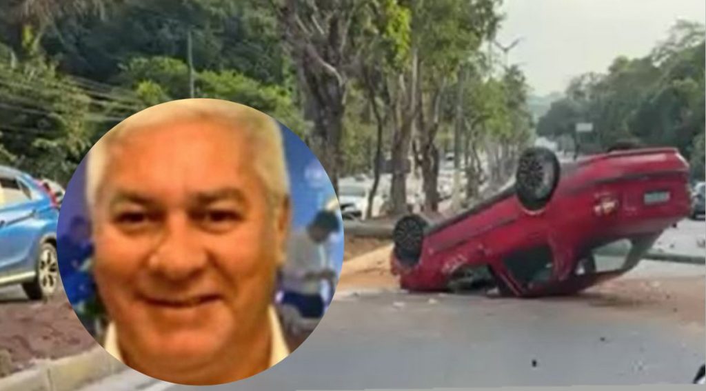 Acidente na Avenida do Turismo matou pai que buscava filha no Enem em Manaus Carro capotado após acidente que matou Odorico D’Ávila em Manaus