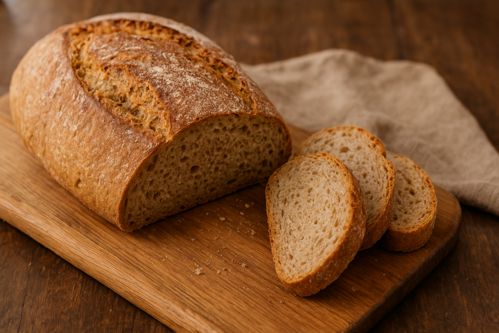 Pães saudáveis: quais escolher, quais evitar e a receita caseira que realmente funciona Pão caseiro integral recém-assado sobre tábua rústica, com textura crocante e aparência artesanal