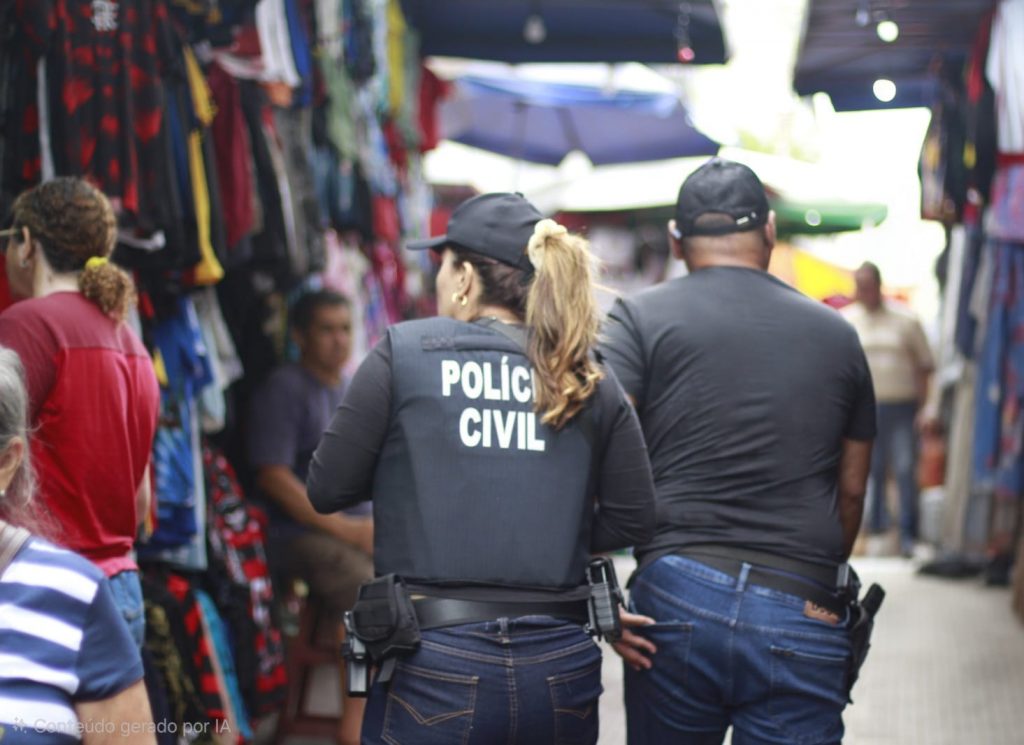 polícia em patrulhamento em área comercial de Manaus durante operação de segurança.