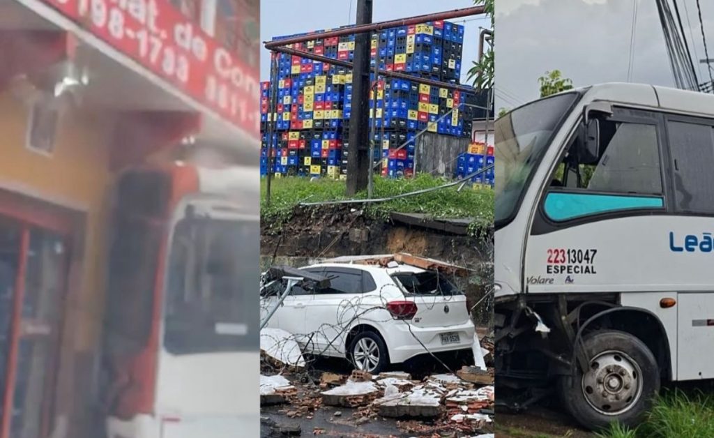 Chuva causa acidentes e deixa feridos em diferentes zonas de Manaus Carro atingido por muro que desabou durante chuva forte em Manaus